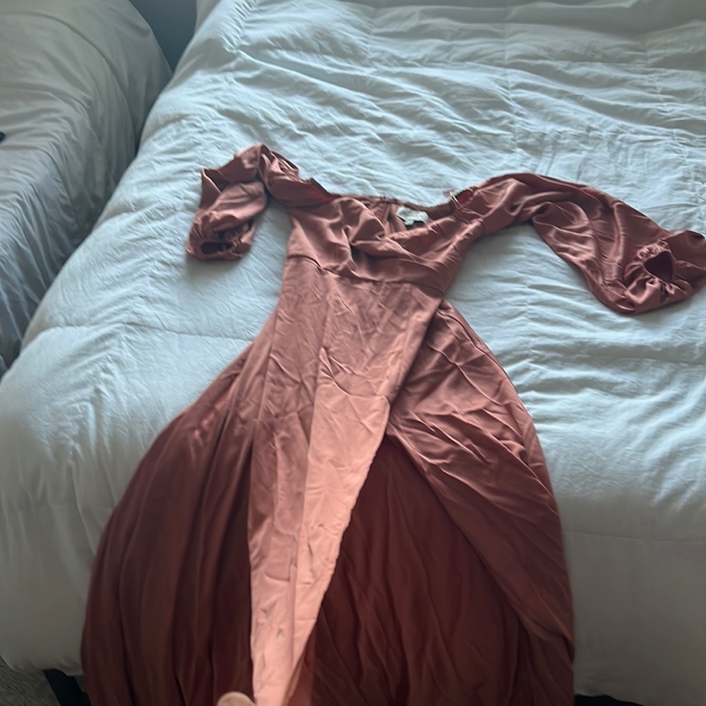 Full length, high slit. Ballon sleeve , off the shoulder, wedding guest dress